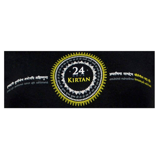 A circular Mantralogy logo with detailed yellow and white patterns and 24 Hour KIRTAN in the center, ringed by Devanagari script on black—ideal for American Apparel Womens T-Shirts at the West Virginia event.