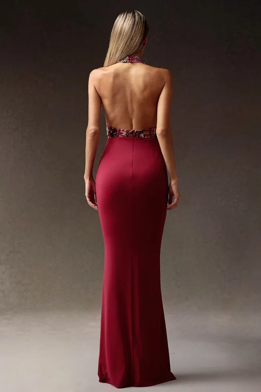 Addison
Burgundy Floral Sequin Halter Gown