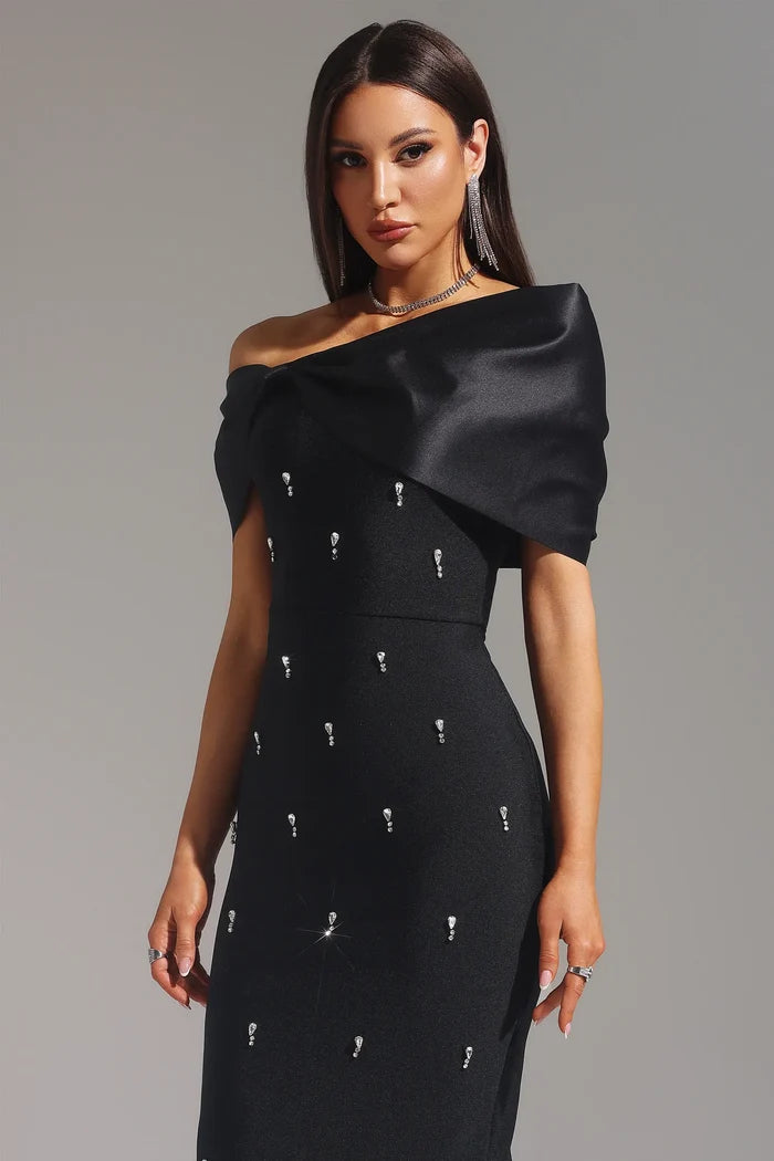 Adriana Solid Off Shoulder Black Dress