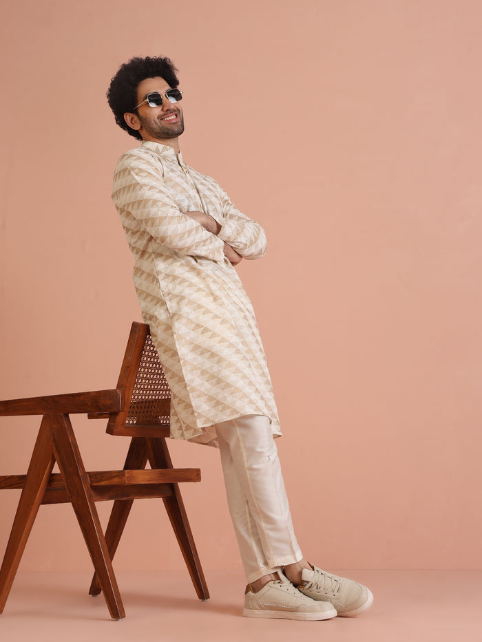 Beige Cotton Silk Geometric Kurta Long
