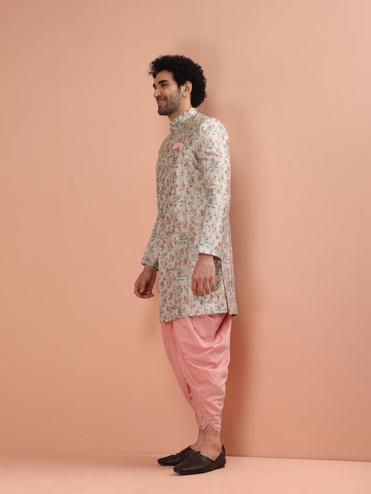 Beige Silk Blend Floral Achkan Sherwani with Pink Dhoti