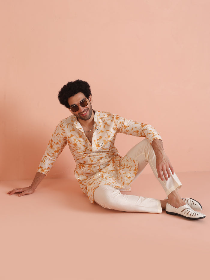 Beige Silk Blend Mirror Work Kurta