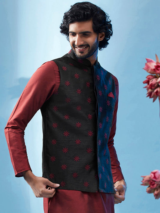 Black Nehru Jacket with Maroon Star Embroidery