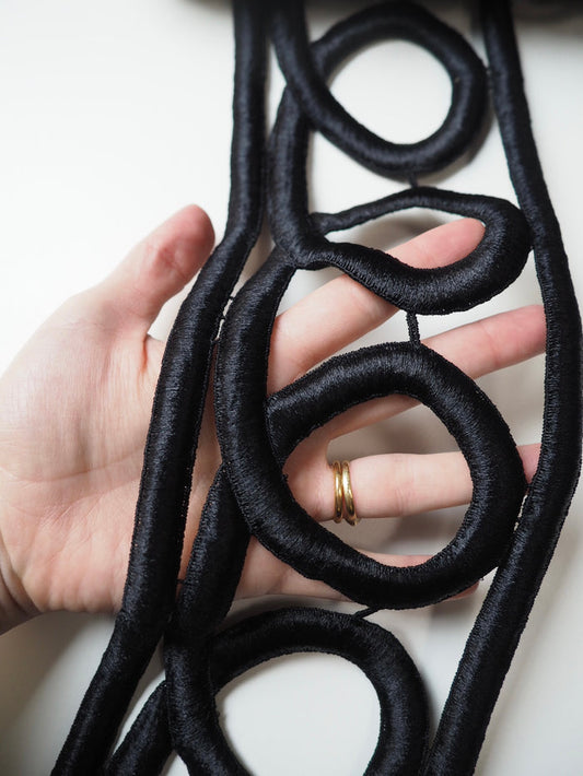 Black Satin Guipure Giant Loop Border Trim 11.5cm
