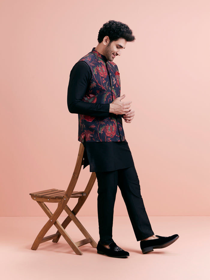 Black Silk Blend Floral Nehru Jacket