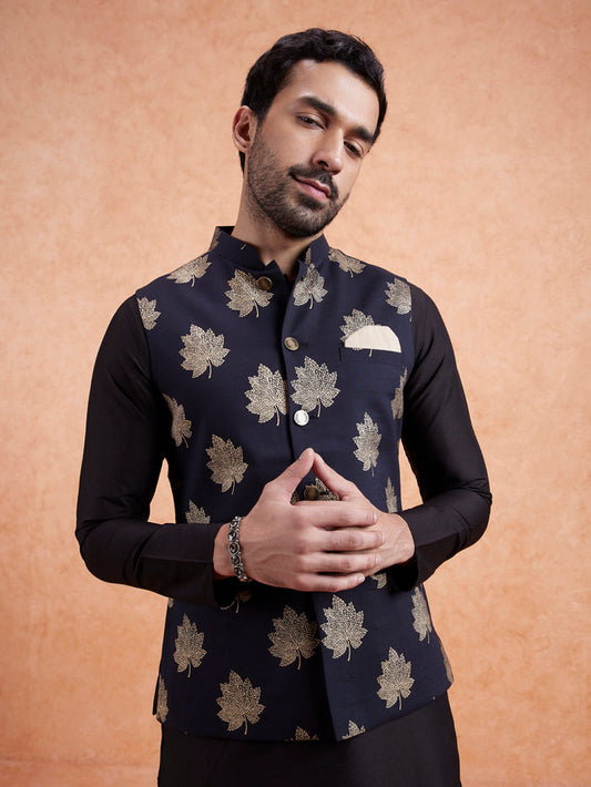Black Silk Printed Nehru Jacket Bundi
