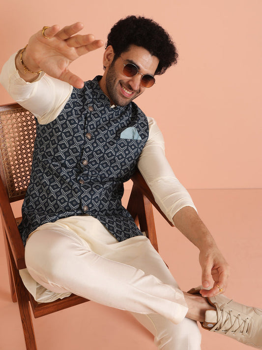 Blue Cotton Printed Nehru Jacket Bundi
