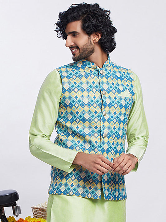 Blue Silk Blend Jacquard Nehru Jacket with Diamond Motifs