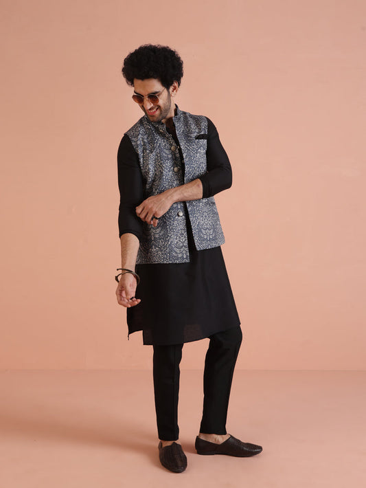 Blue Silk Blend Paisley Nehru Jacket