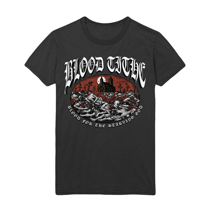 Blood Tithe black bodysuit with gothic Blood Tithe text, a cemetery scene—church, crosses, red sky over skeletons—and “Blood for the Starving God” printed below.