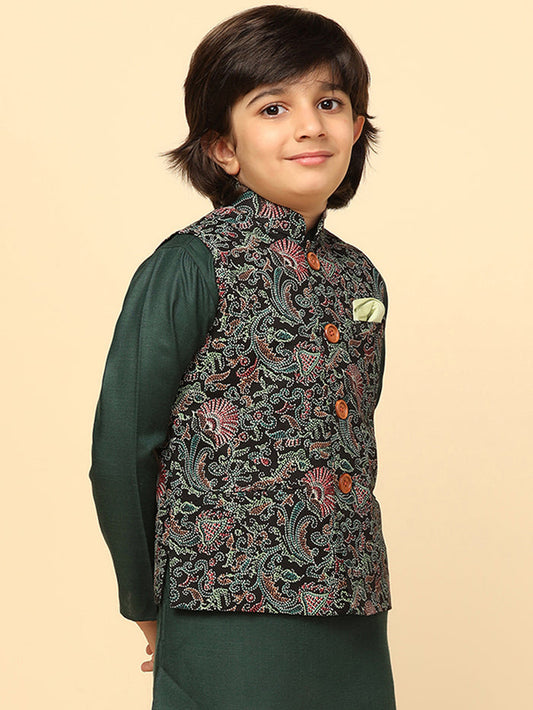 Boy's Black Printed Nehru Jacket