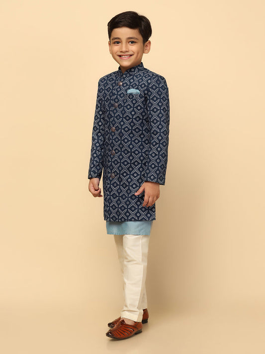 Boy's Blue Indowestern Set With Kurta and Churidar