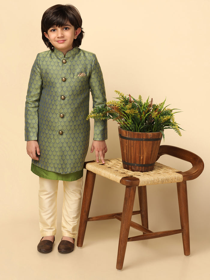 Boy's Green Textured Kurta Indowestern Churidar Set