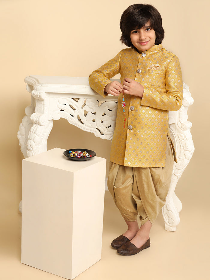 Boy's Yellow Textured Indowestern Dhoti Set