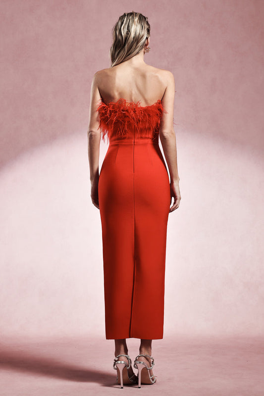 Cecily
Feather-Trim Strapless Midi Dress
