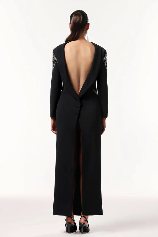 Ciara Elegant Embellished Backless Black Gown