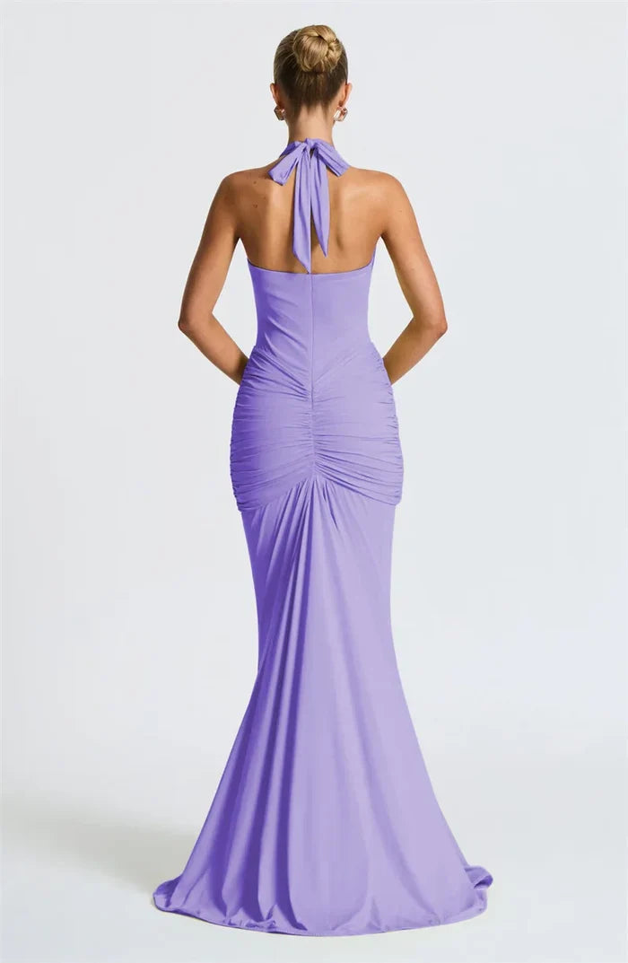 Clover Plunge Halter Ruched Maxi Dress