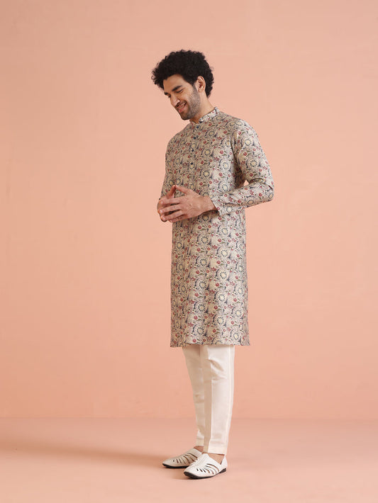 Cream Cotton Printed Kurta Trouser Set
