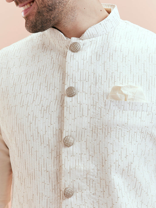 Cream Cotton Silk Textured Nehru Jacket