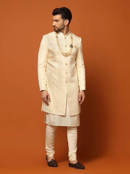 Cream Jacquard Sherwani Kurta Churidar Set