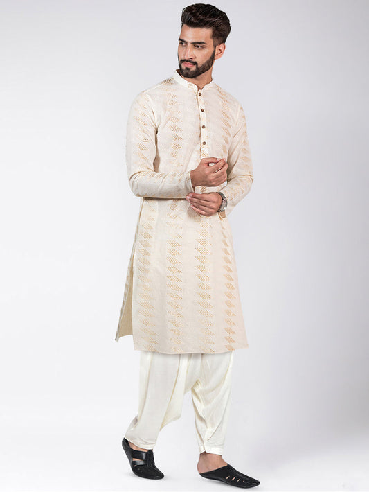 Cream Silk Blend Geometric Kurta Patiyala