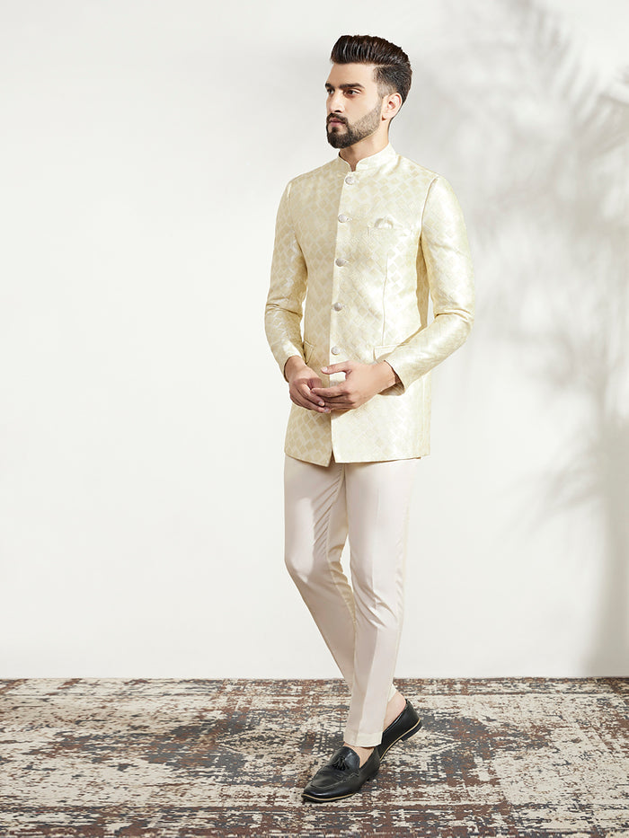 Cream Silk Blend Textured Jodhpuri Bandhgala Set