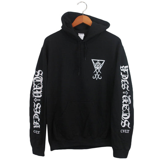 A black Stay Sick Clothing hoodie with white graphics: a geometric symbol on the chest, IN DIST HORDS down both sleeves, and CVLT near the left wrist, displayed on a wooden hanger.