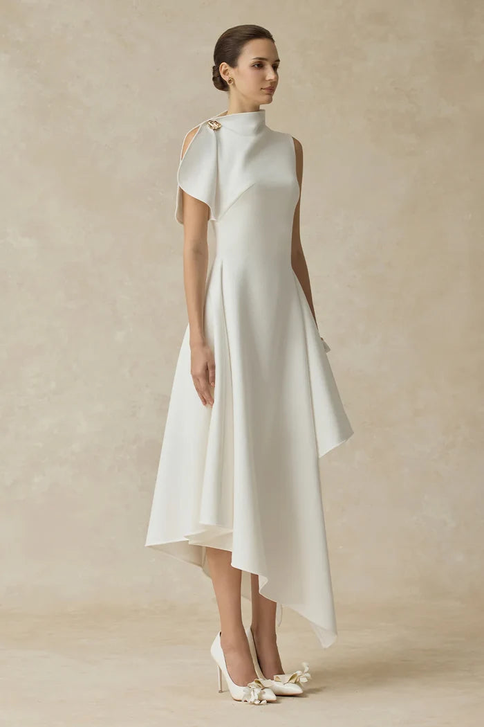 Delilah White High-Neck Midi Dress