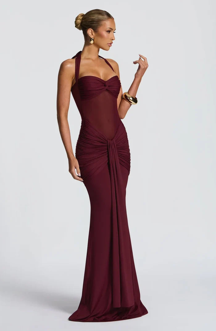 Dio Burgundy Halter Mesh Maxi Dress