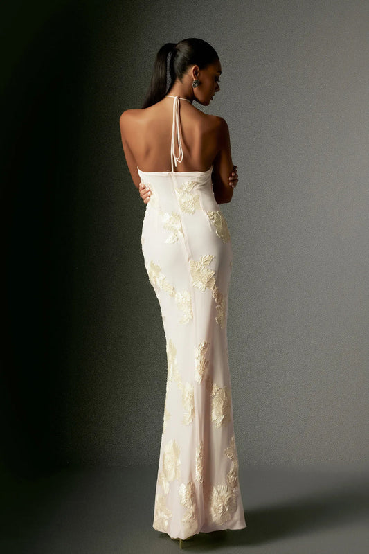 Fallon Floral Appliqué Halter Maxi Dress