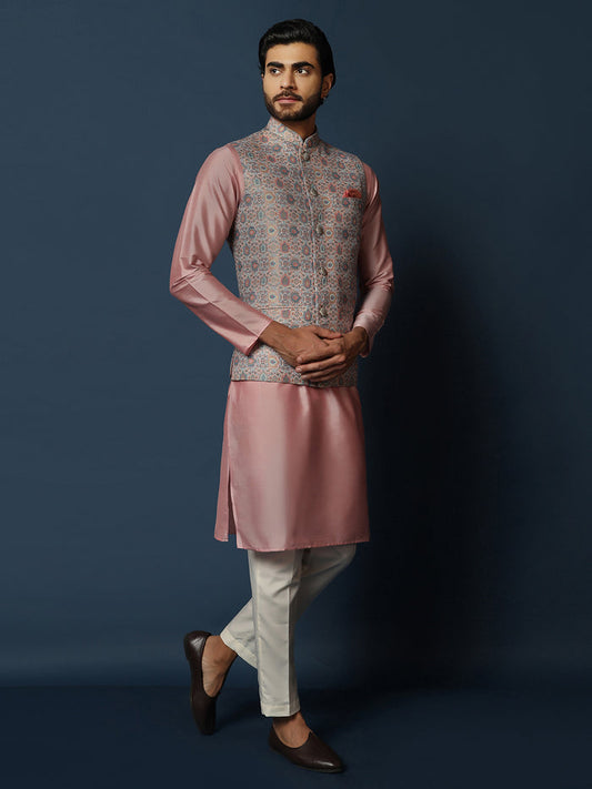 Grey Printed Silk Blend Nehru Jacket Kurta Trouser Set