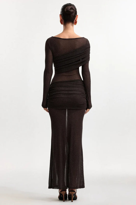 Henley
Sheer Ruched Mesh Maxi Dress