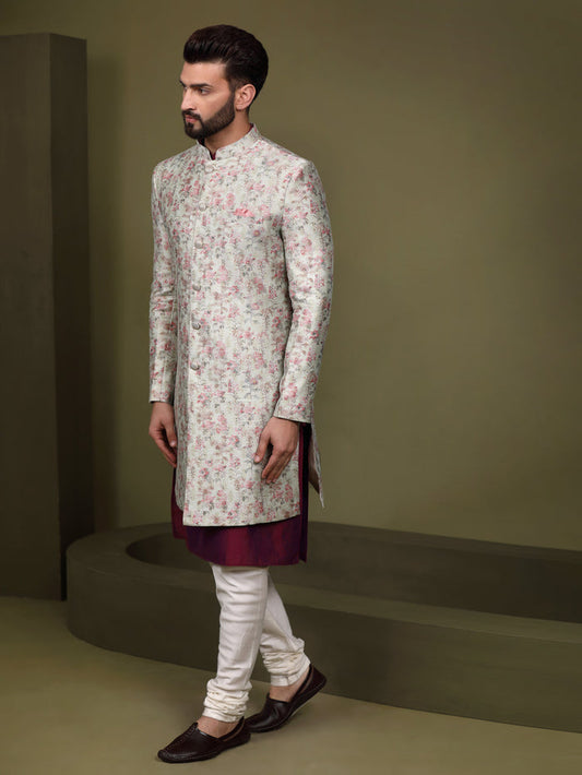 Ivory Silk Blend Kurta Indo-Western Sherwani Set with Floral Jacquard Design for Wedding & Reception Outfit