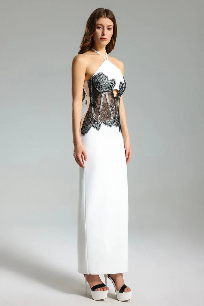 Kaelyn Sculpted Contrast Halter Maxi Dress