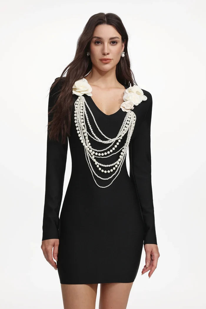 Kalani Black Pearl Embellished Mini Dress