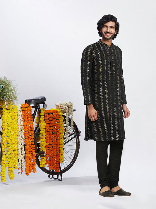 Kisah Men's Black Kurta Churidar Set