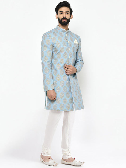Light Blue Jacquard Sherwani with Cream Churidar
