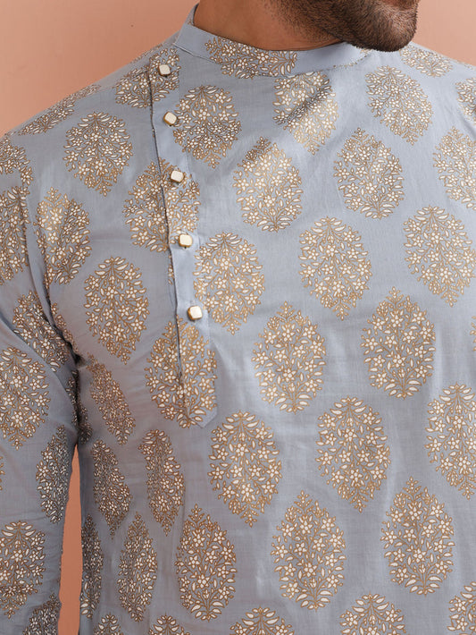 Light Blue Silk Blend Printed Kurta