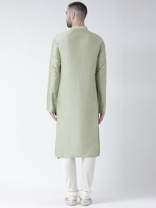Light Green Silk Blend Kurta Set with Minimalistic Design and Cream Churidar – Festive & Wedding Ensemble