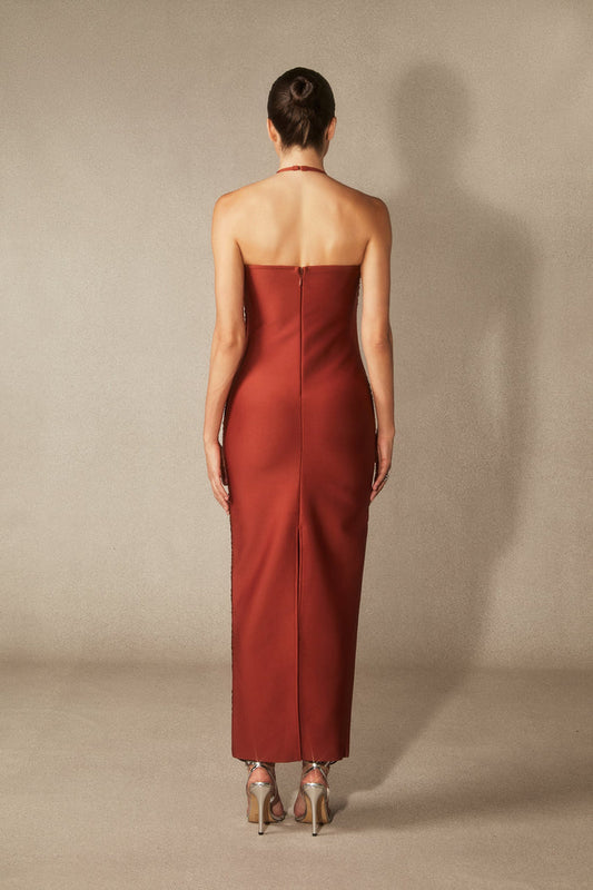 Louisa Ember Ruched Halter Maxi Dress