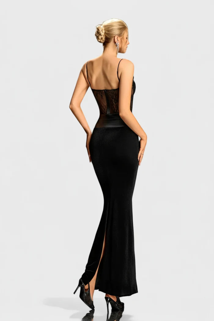 Maisie Lace Corset Leather-Trim Maxi Dress