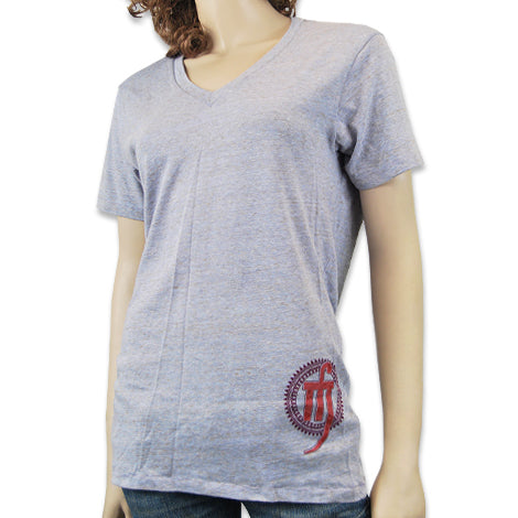 A mannequin wearing a Mantralogy light gray short-sleeve V-neck t-shirt with a red graphic near the bottom left hem, paired with blue jeans.