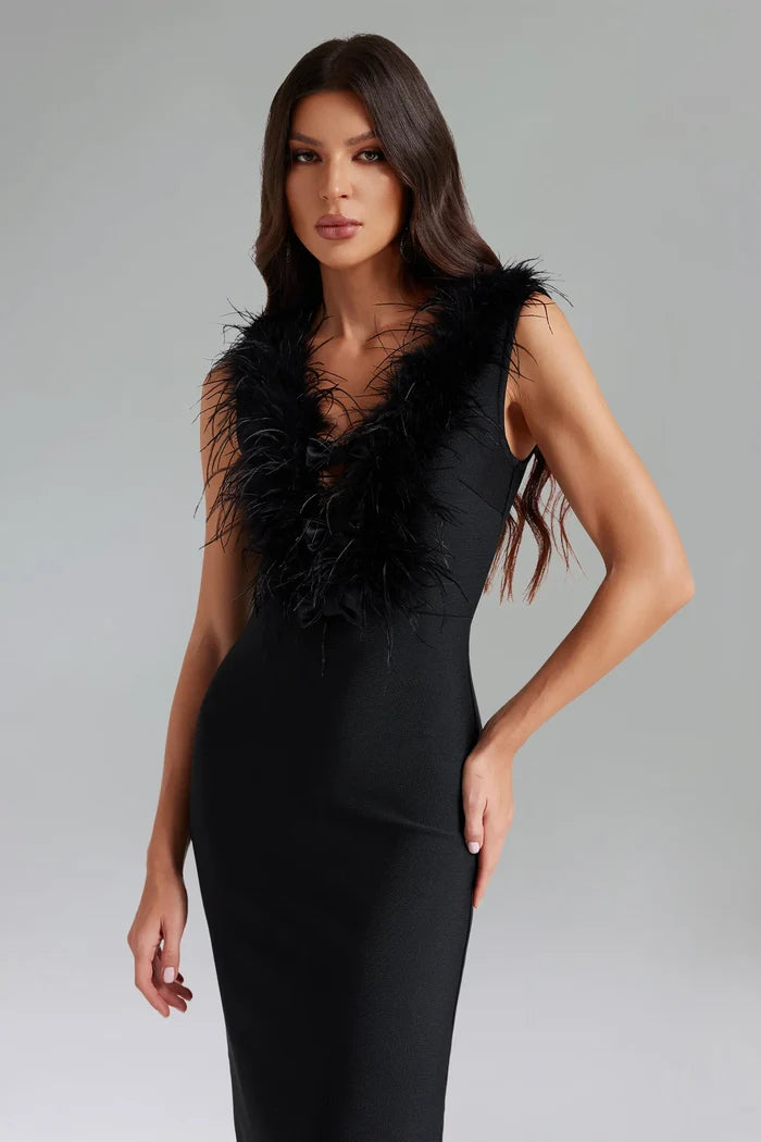 Marley Feather-Trim V-Neck Midi Dress
