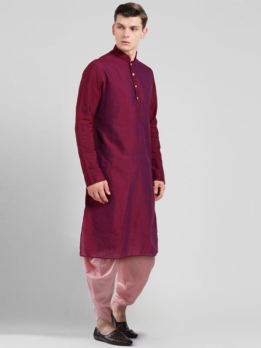 Maroon Cotton Silk Kurta Dhoti Set