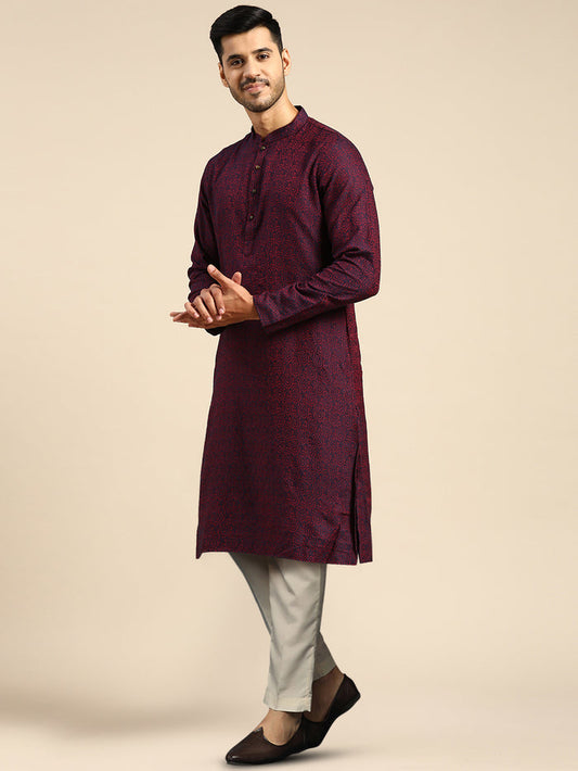 Maroon Cotton Silk Printed Kurta with Trouser