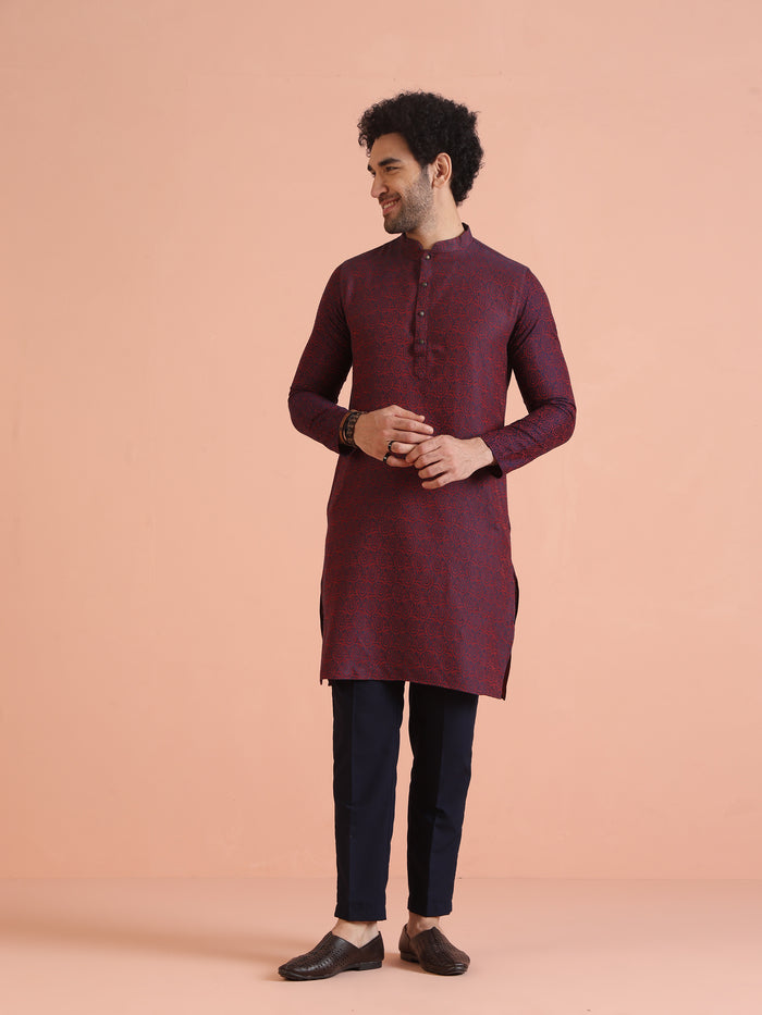Maroon Cotton Silk Printed Kurta with Trouser