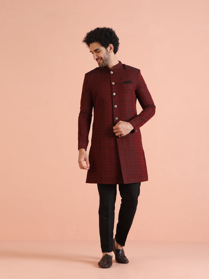 Maroon Jacquard Sherwani with Black Trouser