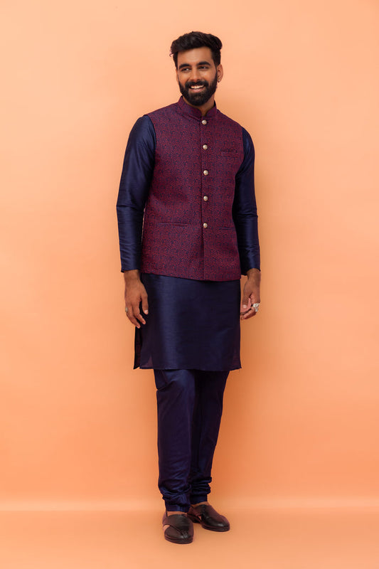 Maroon Navy Silk Blend Woven Jacket Kurta Churidar Set