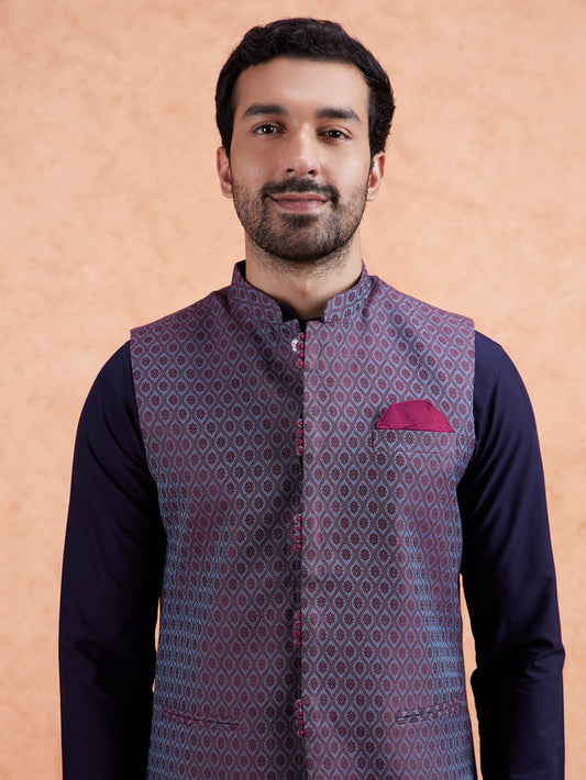 Maroon Silk Blend Geometric Nehru Jacket