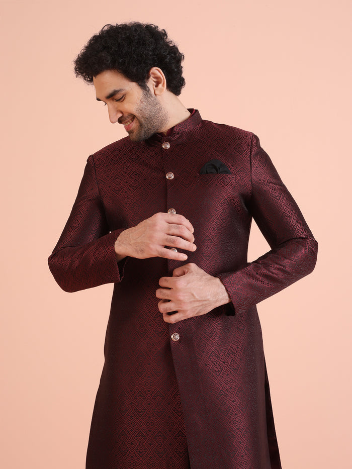 Maroon Silk Blend Indo-Western Sherwani Set with Jacquard Jacket and Cream Churidar – Wedding & Reception Ensemble